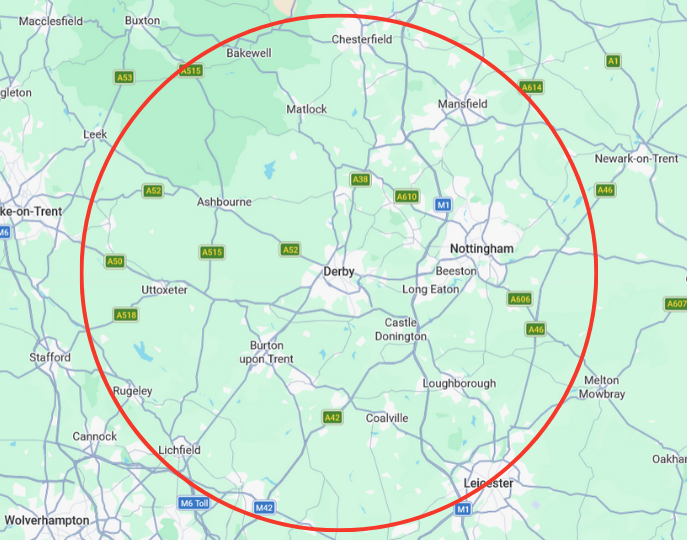 Derbyshire plumbing and heating areas covered map